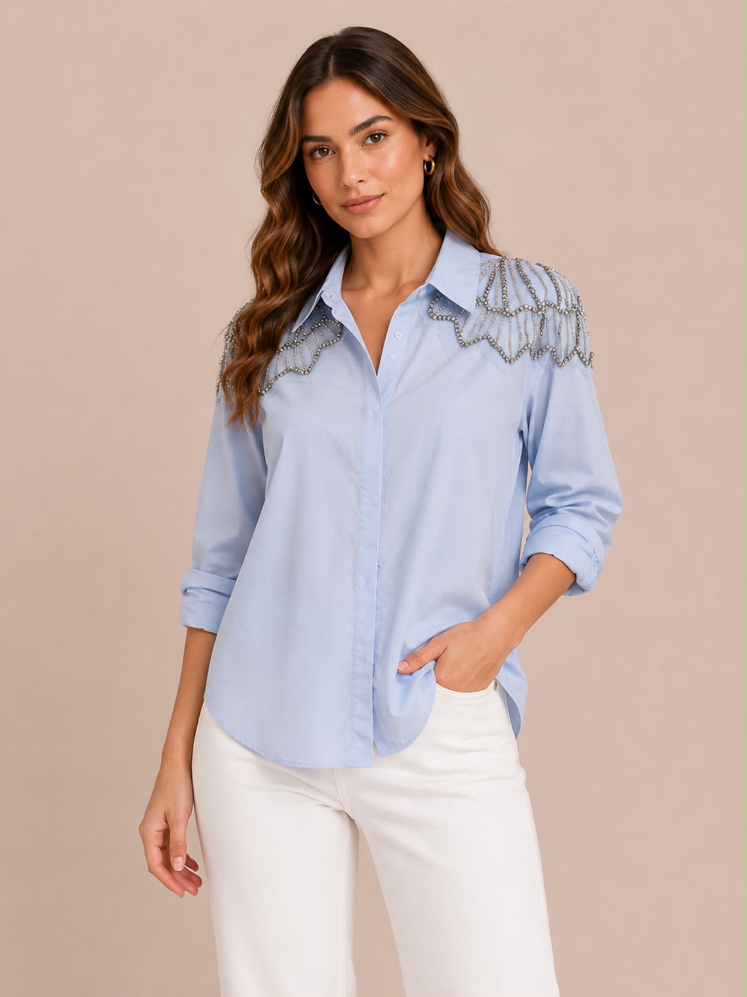 Blusa Azul Manga Larga Con Adornos de Pedreria en Hombros y Epalda