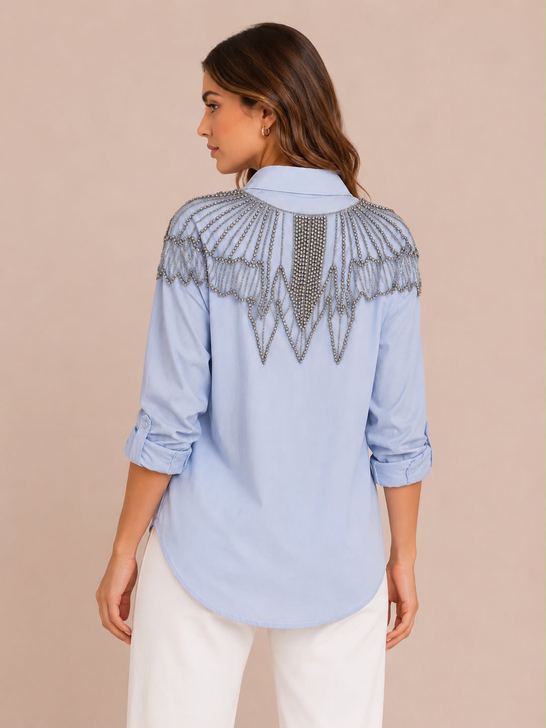 Blusa Azul Manga Larga Con Adornos de Pedreria en Hombros y Epalda
