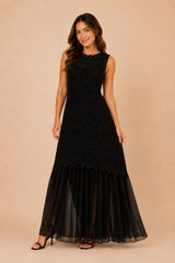 VESTIDO NEGRO LARGO DE ENCAJE GASA PLISADA