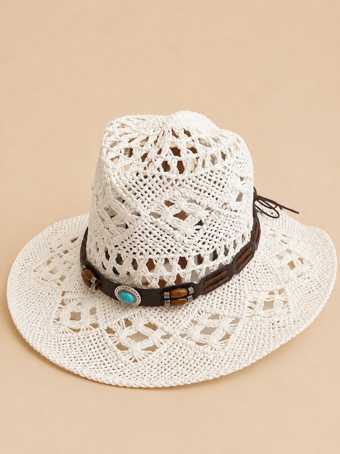 SOMBRERO BLANCO CON TURQUESA TEJIDO