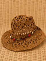 SOMBRERO CAFE CON PIEDRAS ROJAS Y CONCHAS