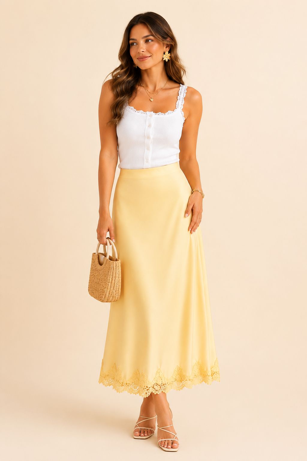 FALDA AMARILLA SATIN CON  ENCAJE