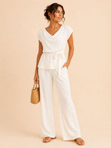 CONJUNTO BLANCO DE LINO BLUSA CUELLO DRAPEADO Y PANTALON